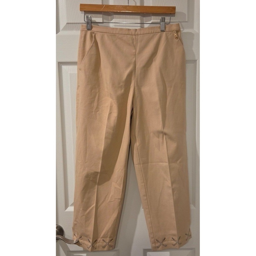 St John Sport Marie Gray Pants 8 Tan Golf Embroidered Cuff Vintage Cotton
